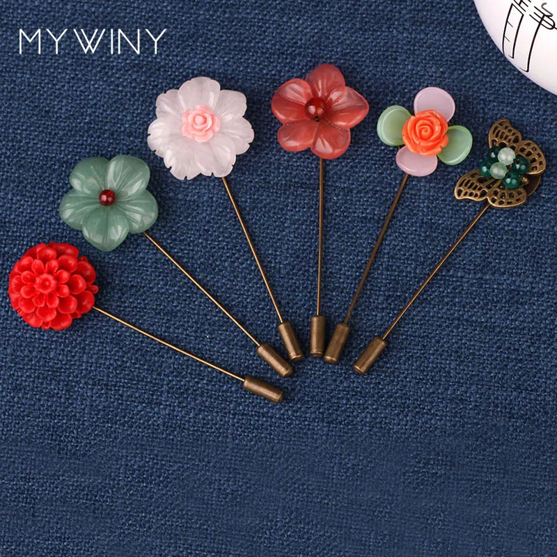 

6 Designs The original Aventurine flowers vintage pin brooch,handmade nature stone lapis ethnic copper brooch