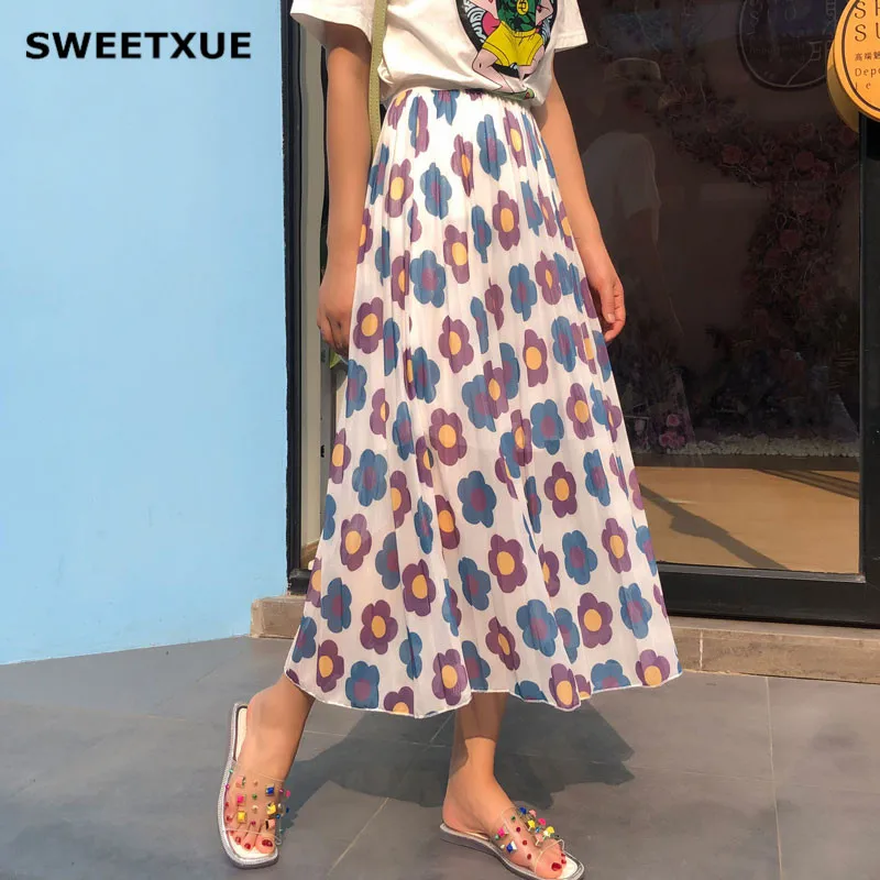 

SWEETXUE 4 Colors Summer 2019 Bohemian High Waist Floral Print Womens Boho Beach Chiffon Skirt Maxi Long Skirts Casual For Women
