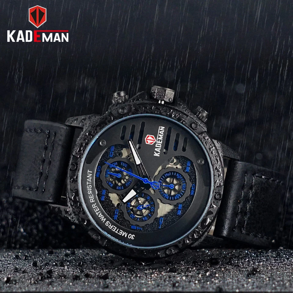 KADEMAN Mens Watches Top Brand Luxury Waterproof 24 Hour Date Quartz Watch Man Leather Sport Wrist Watch Men Waterproof Clock