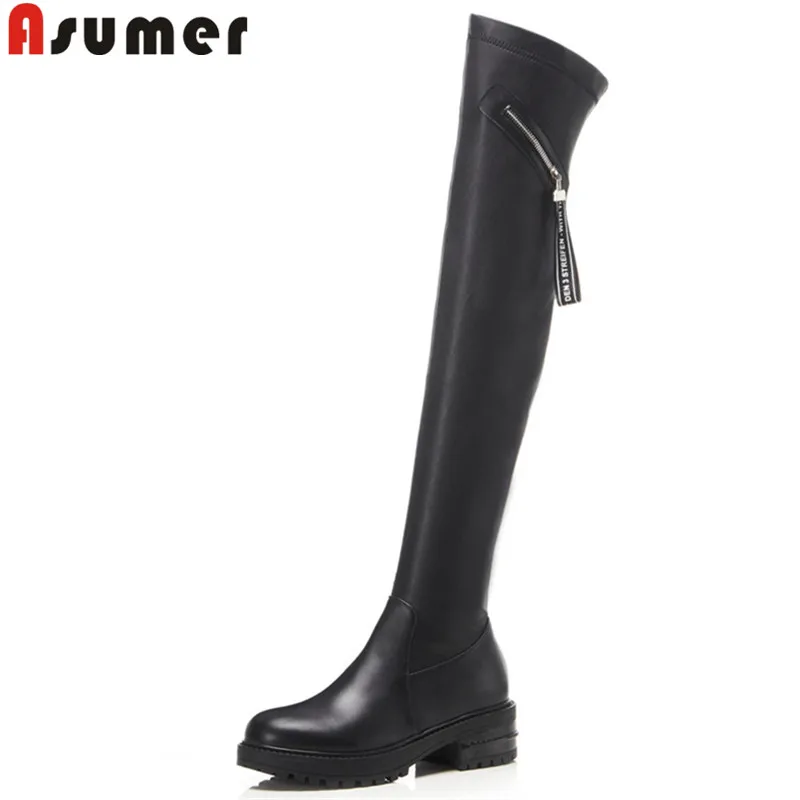 Koop ASUMER 2018 hot koop nieuwe over de knie laarzen ronde neus zip herfst winter laarzen med hakken stretch stof + koe lederen laarzen zwart