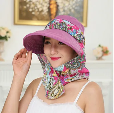 Пляжная шляпа с широкими полями и цветочным принтом для защиты лица, для женщин, съемная женская шляпа, Панама, женская шляпа - Цвет: Фиолетовый