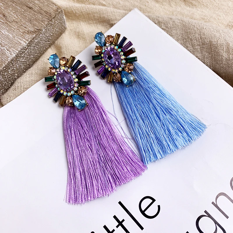 22 Colors Blue Long Tassel Earrings For Women Vintage Crystal Drop Earrings For Wedding Fashion Statement Jewelry