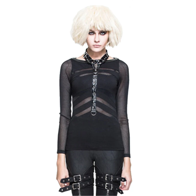 

Punk Women's Hollow-out Long Sleeve T-shirt Transparent Club Streetwear Tees Tranparent O Neck Spring Casual T Shirt Top