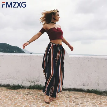 

High Waist Stripe Split Wide Leg Pants Women Summer Beach Palazzo Trousers Chiffon Streetwear Elegant Loose Pants Capris Female