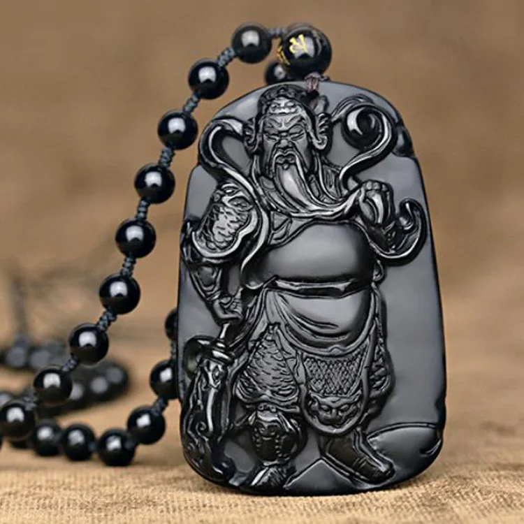 Натуральный черный обсидиан резьба Guan Yu кулон ожерелье Mammon Gong Lucky амулет в