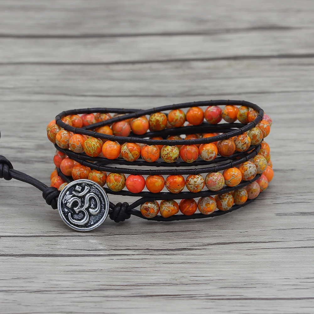 Orange beads bracelet gypsy wraps beads bracelet leather wrap bracelet