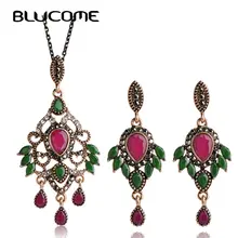 Blucome Vintage Wing Shape Pendant Necklace Earring Set Dangle Earrings Choker Antique Gold-color Resin Jewelry Sets For Women