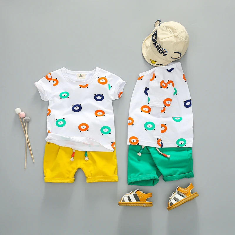 Summer Boys Beach Clothes Cartoon Bear Print Pattern Tops Blouse T-shirt+Shorts Set Casual Short Sleeve Outfits Sets |