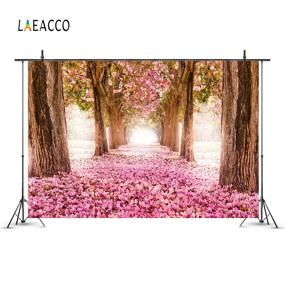 Laeacco Sweet Pink Flowers Tree Pathway Scenic Baby Photography Backgrounds Customized Photographic Backdrops For Photo Studio