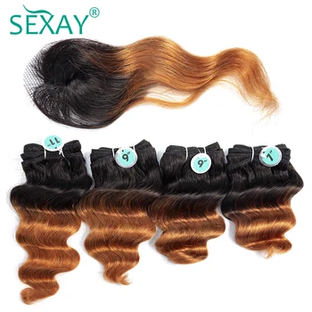 

SEXAY Brazilian Loose Deep Human Hair Extensions #1B/30 Brown Color 4 Bundles With Top Lace Closure Non Remy Hair Totally 170g