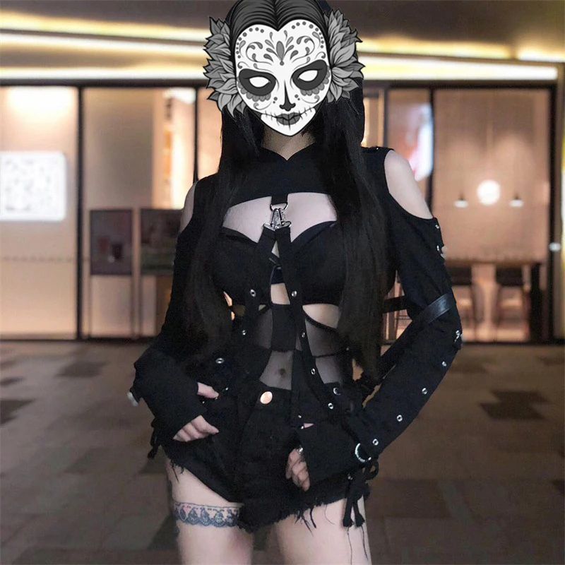 Rosetic Harajuku Goth Hoodie Sweatshirt Hooded Short Crop Top Halloween Party Hollow Rivet Solid Slim Autumn Women Hoodie Top