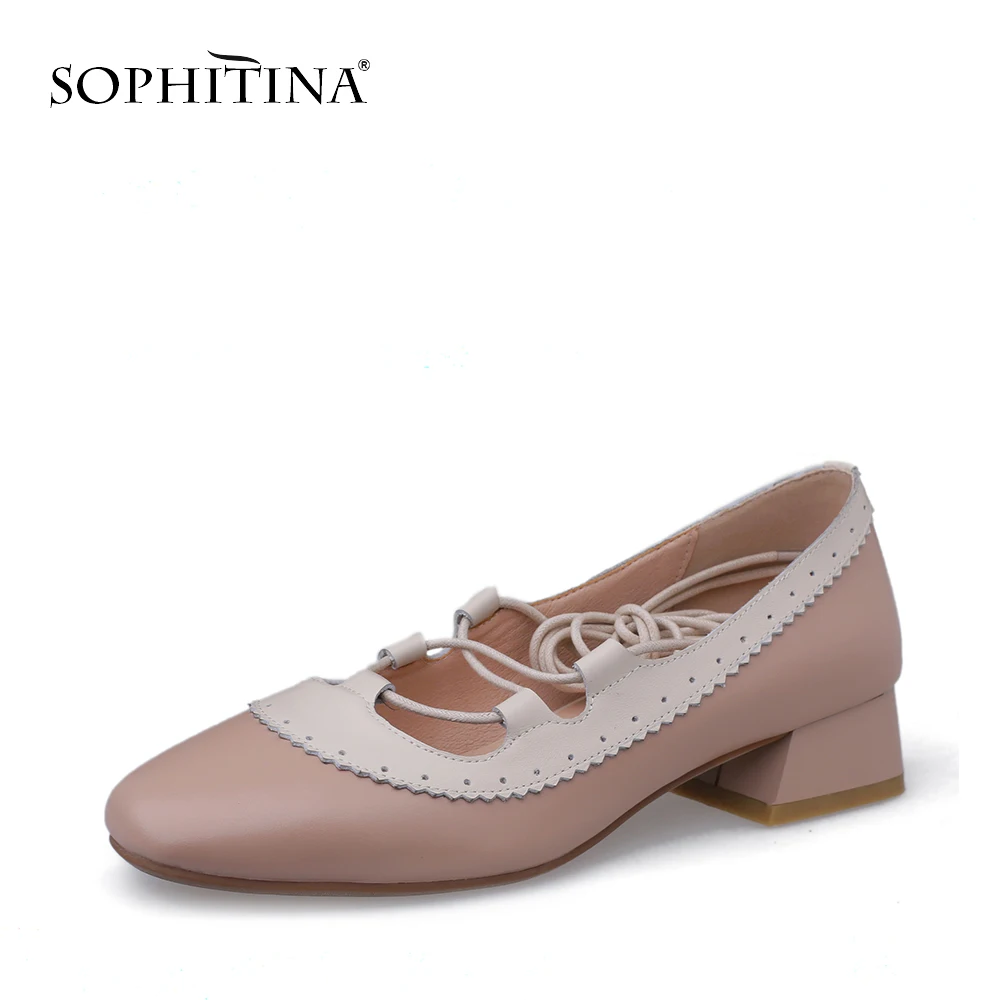 

SOPHITINA Genuine Leather Women Flats Dress Soft Comfortable Round Toe Shoes Mary Janes Lace Up Bordered Cross Tied Flats PO126