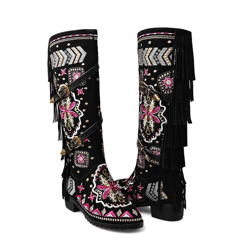 Véritable Femme Daim 33 Broderie Boucles Kairnluna 43 Qualité Bottes En Hiver Top Ethnique Vache Chaussures Fringe Noir Grande Style Taille Cuir vwONn8m0