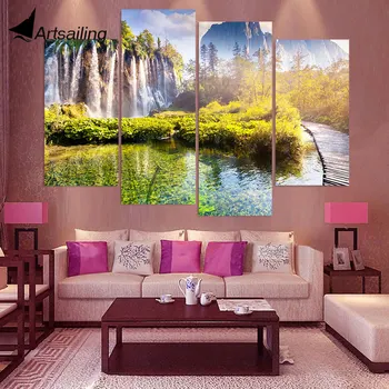

4 Piece Canvas Art Canvas Painting Mountain Waterfall HD Printed Wall Art Home Decor Poster Wall Pictures for Living Room XA276D