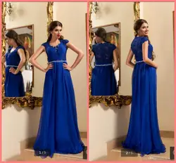 2016 новый дизайн королевский синий шифон аппликации вечернее платье v шеи бисером пояса вечерние платья скромные вечерние платья