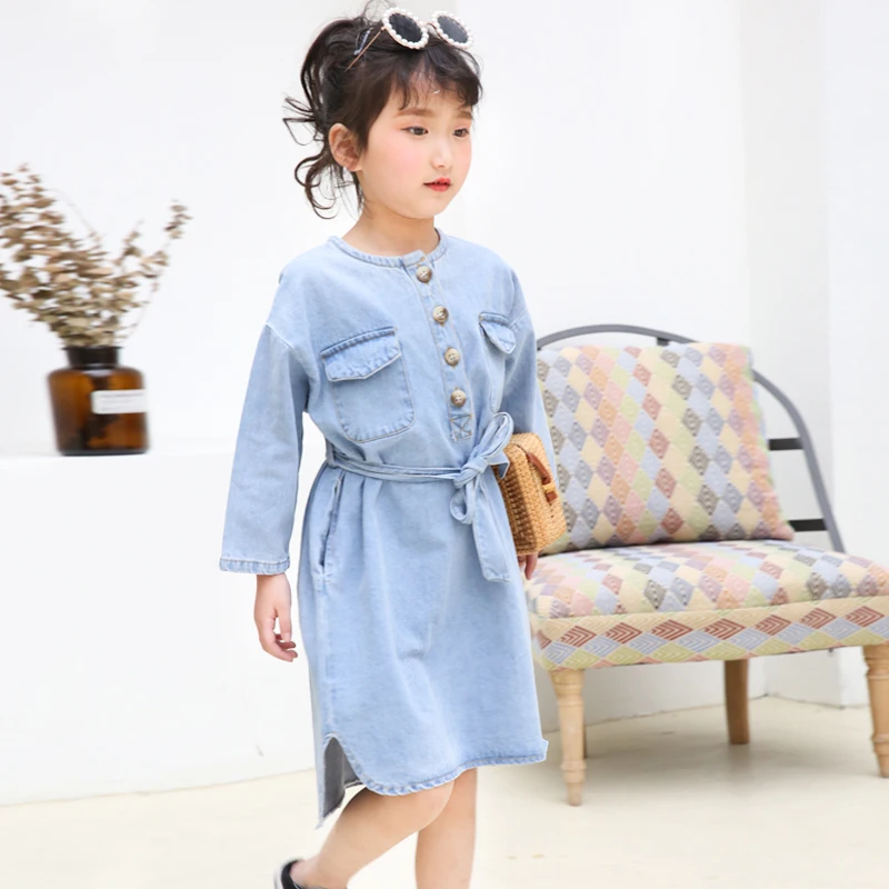 

Girls dress 2019 spring new children's Korean version of the loose denim dress fashion casual waist dress tide