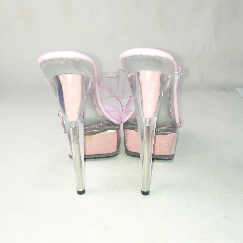 Crystal bottom cold slippers, water diamond decorative transparent women's shoes, 15cm high heels, pink performance Dance Shoes
