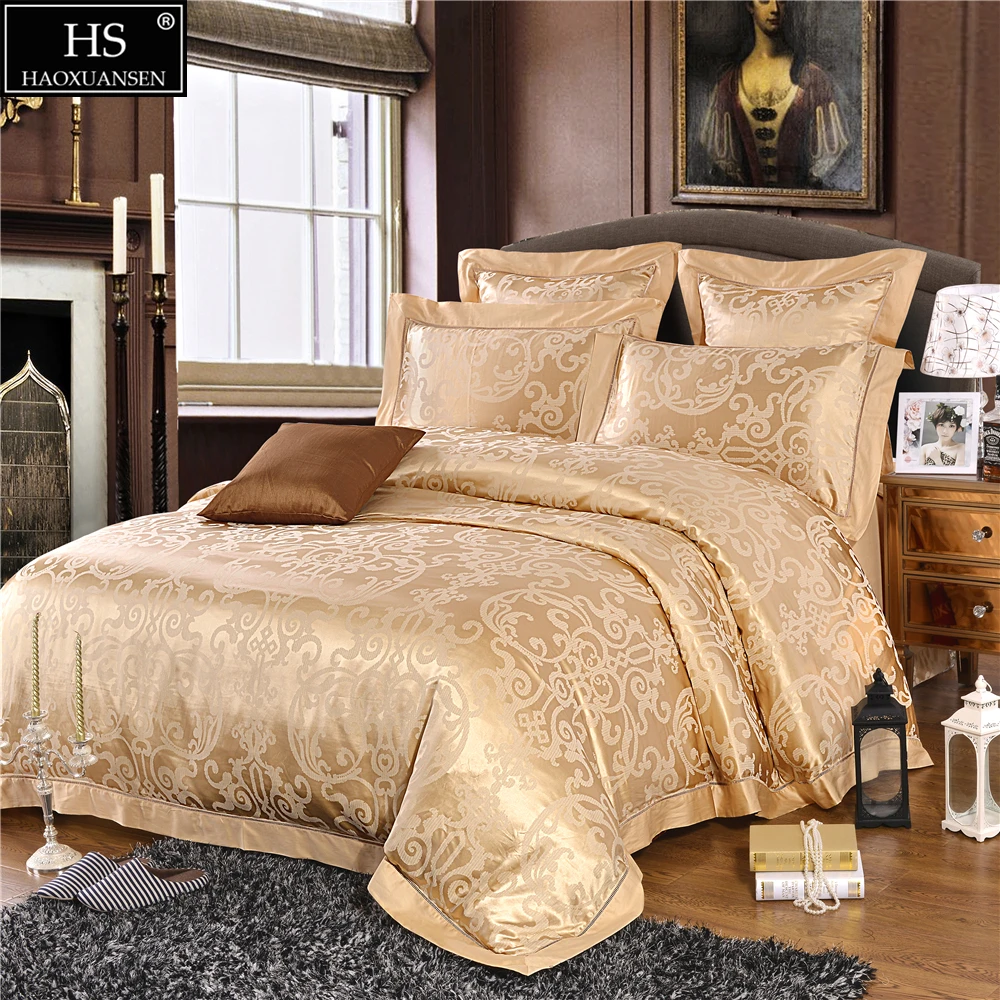 

22Momme Mulberry Silk Jacquard 6Pcs Bedding Sets Gold Luxury European Palace Style King Size Duvet Cover Bed Sheet Pillowcase