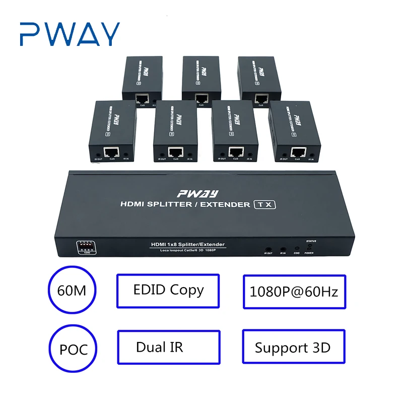 

HDMI Splitter Extender Matrix Box 1 TX 7 RX Transmitter Receiver Amplifier Up to 164Ft/50m RJ45 UTP POC & EDID over Cat5e/6/7 IR
