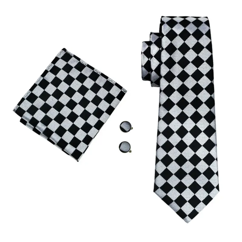

LS-1441 Barry.Wang Fashion Men`s Tie 100% Black Novelty Silk Necktie Hanky Cufflink Set For Men`s Wedding Party Groom Business