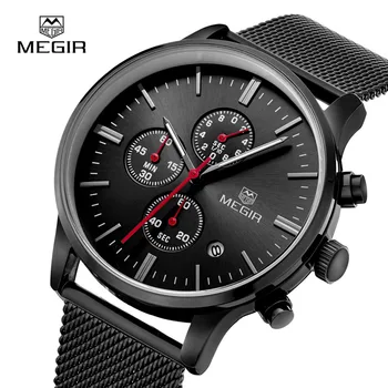 

MEGIR Men's Quartz-Watch Stainless Steel Mesh Band Black Watch Chronograph Slim Watches Men Top Luxury Brand Relogio Masculino