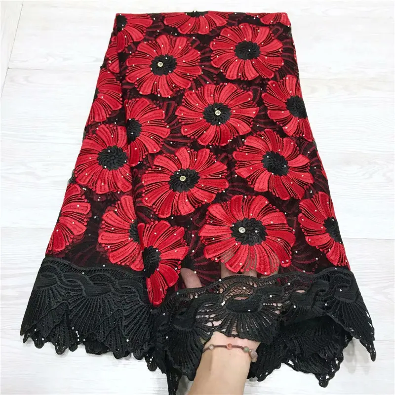 

2019 Latest Red Color French Africa Lace Fabric High Quality African Embroidered tulle Lace Fabric For Rhinestones Wedding Dress