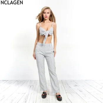 

NCLAGEN 2018 Summer Style Fashion Plaid 2 Piece Set Women Sexy Bow Camisole Bandage Tank Top Bra + Straight Pant Suit