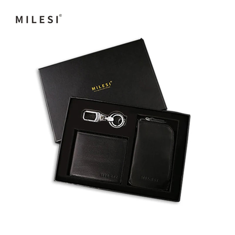 

Milesi 3pcs Men Keychain Set Waist Hung Car Key Holder Metal Key Chain Charm Key Pendant Bag Cowhide Wallet Gift Sets A0002