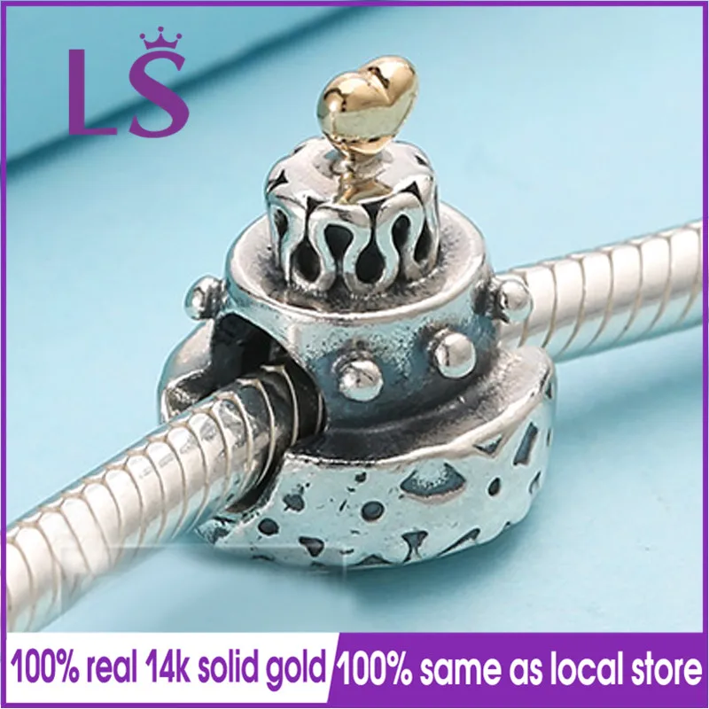 

LS 100% High Quality14.kct Birthday Celebration Cake Charm Fit Original Bracelets Pulseira Pingente 100% Original Fine Jewelry N