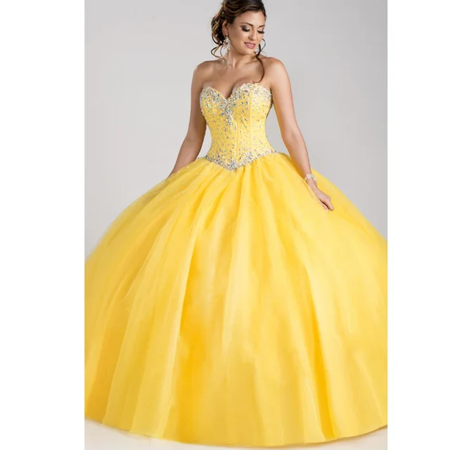 Beaded Crystal Princess Yellow Quinceanera Dresses Ball Gowns