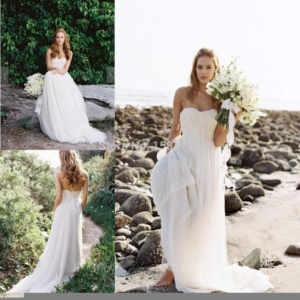 2015 Cheap Elegant Beach Wedding Dresses Lace Strapless A Line Sweep