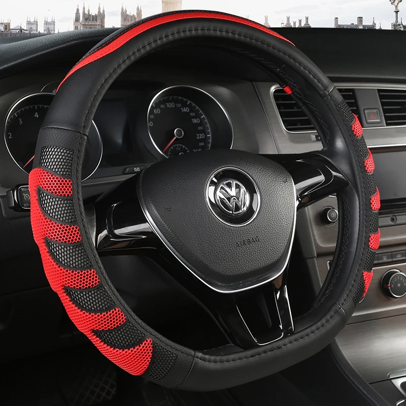 

KKYSYELVA D Shape Steering-Wheel Black Auto Car Steering Wheel Cover Leather 38CM wheel cover Interior accessories
