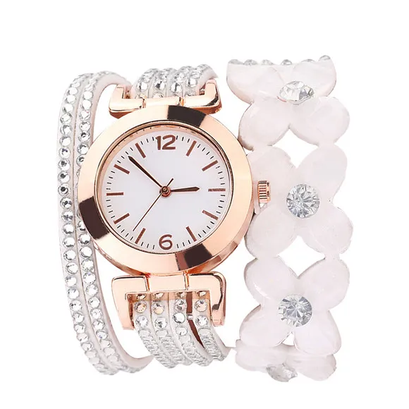 Модные женские часы со стразами и браслетом для роскошных кожаных цветов с кристаллами кварцевые часы Relogio Feminino Прямая - Цвет: White