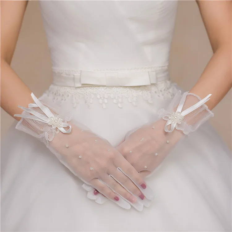 JaneVini/короткая свадебная перчатка с полным пальцем для девочек; белые свадебные женские перчатки из прозрачного тюля с жемчугом для невесты; Gants De Mariage
