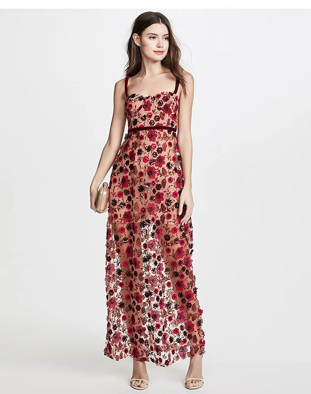 High Quality Red Embroidered Slip Long Elegant Dress Summer Maxi Dress ...