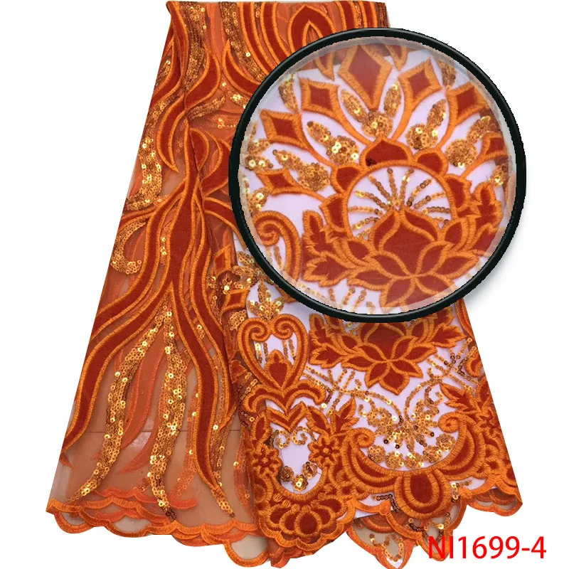 

Burnt Orange French NigerianTulle Lace New Fashion Sequins Lace Fabrics High Quality Velvet Lace for Wedding Party Dress NI1699