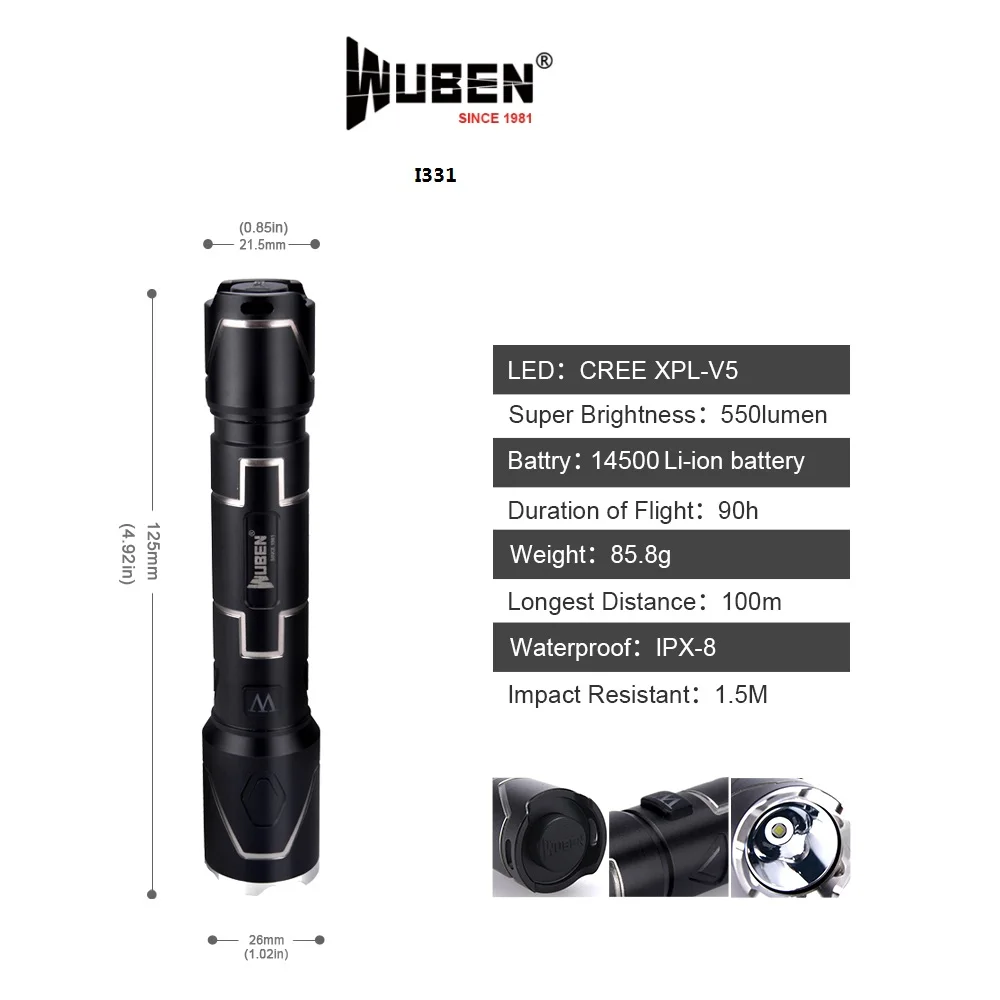 

CREE XPL-V5 LED Flashlight Tactical Light 520 lumens Waterproof IPX8 Torch USB Rechargeable with 14500 Li-ion Battery WUBEN I331
