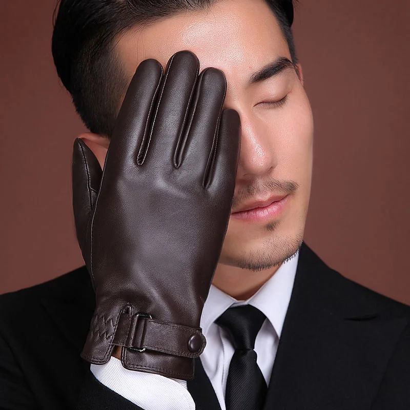 Зимние перчатки из натуральной кожи, мужские перчатки из натуральной кожи с добавлением кашемира или шелка, зимние теплые перчатки из овчины MLZ102 - Цвет: brown velvet tscreen