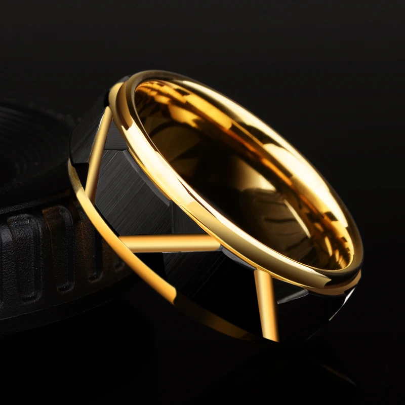 Новое поступление, обручальное кольцо из карбида вольфрама шириной 8 мм, мужское кольцо с черным граненым дизайном, с золотым покрытием внутри, комфортное, подходит для 5-11,5