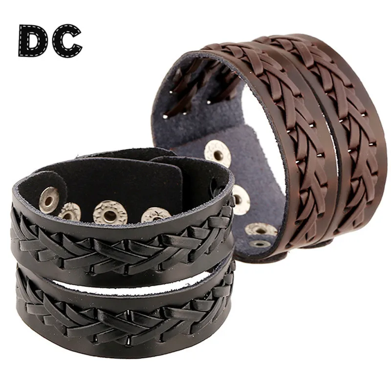 

DC Vintage Punk 2 Layer Black Brown Big Wide Braid Genuine Leather Bracelet Bangle Cuff Wristband for Male Men Jewelry Gifts