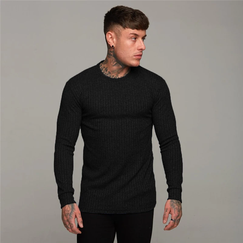 

Machinefitness 2018 New Autumn Sweaters Mens Thin Pullover Solid Casual O Neck Long sleeve Knitwear Slim Fit Top Male M-2XL