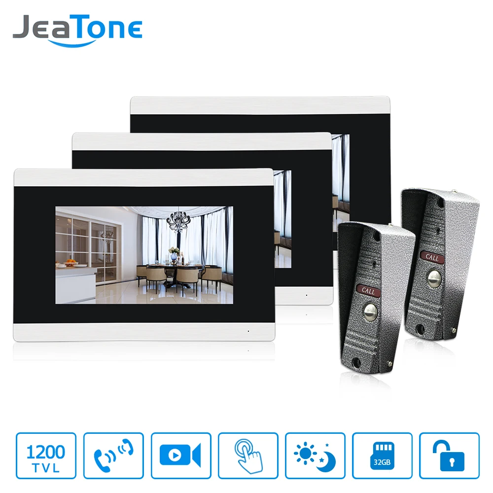 JeaTone 7 Inch Touch Screen Wired Door Phone Intercom System Apartment Building Video Intercom 2 Camera and 3 Indoor Monitor JeaTone 7 Inch Touch Screen Wired Door Phone Intercom System Apartment Building Video Intercom 2 Camera and 3 Indoor Monitor