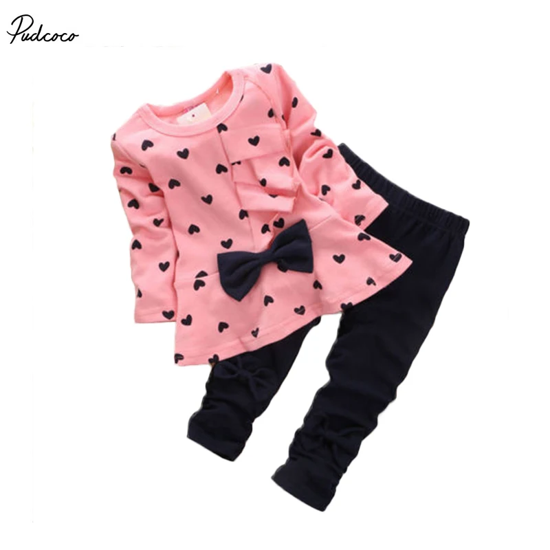 

Spring Autumn Kids Baby Girls Heart-shaped Bow SweaterTops+ Pants 2PCS Outfits cotton Clothes