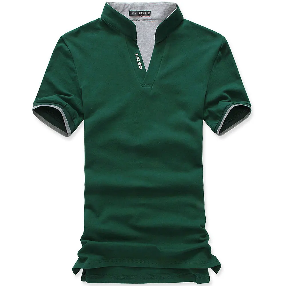 Большой размер, S-5XL,, Мужская модная хлопковая рубашка поло с длинным рукавом и воротником-стойкой, однотонная мужская рубашка поло с v-образным вырезом - Цвет: Short Green