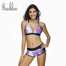 Градиент Цвета Бикини 2017 Регулируемые Бретели Из Двух Частей Купальники Женщин Сексуальный Глубокий V Шеи С Шортами Спортивный Стиль Купальник