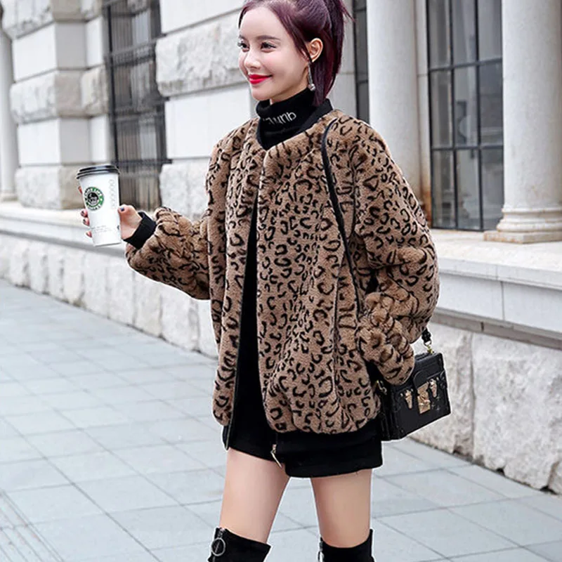 Vangull New Winter Fur Coat Women Leopard Faux Fur Jacket Plus Velvet Thick O-Neck Long Sleeve Warm Fur Jackets Coats New - Цвет: Khaki