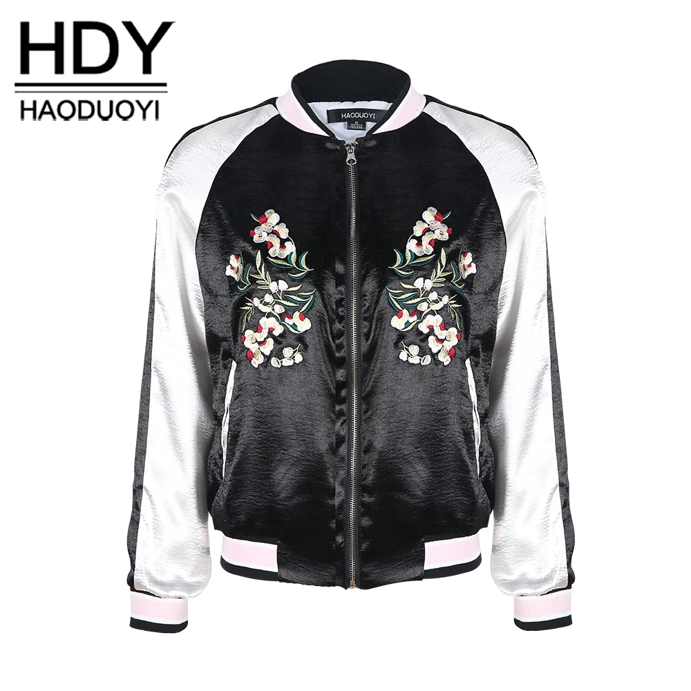 

HDY Floral Embroidery Bomber Jacket Women Long Sleeve Coat Loose Zippers Outerwear Casual Jackets Baseball Coat Streetwear Lady