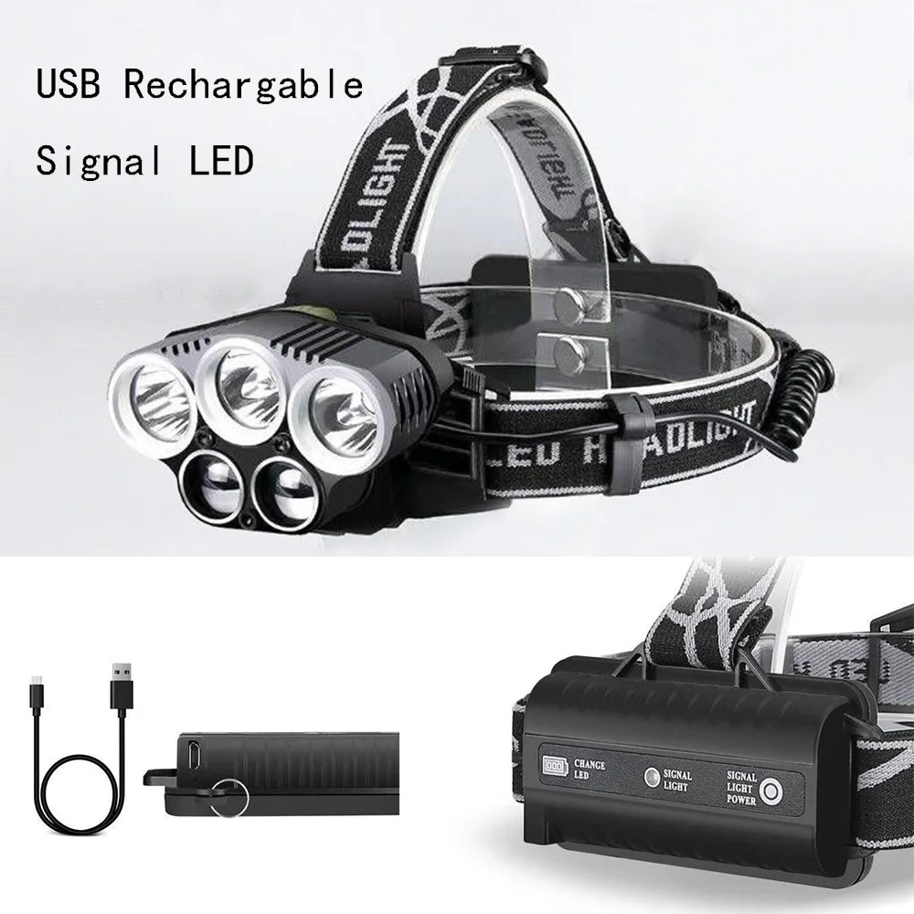 

USB Rechargeable Headlamp 3*T6+2*Q5 LED Headlight Camping Hiking Flashlight Torch Head Light 18650 Hunting Lantern Headlamp