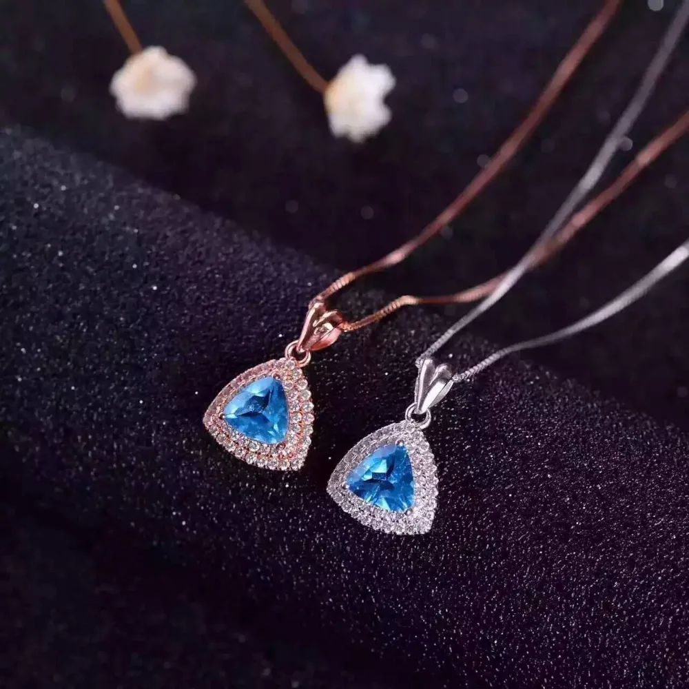 Природный Голубой топаз кулон S925 серебро Природный камень кулон Цепочки и ожерелья модный элегантный простой треугольник женщин партии