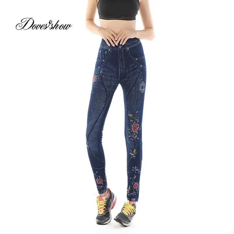 Fashion Slim Women Leggings Faux Denim Jeans Leggings Sexy Hole Heart Printing Casual Women Clothing Pencil Pants Plus size - Цвет: wildflower